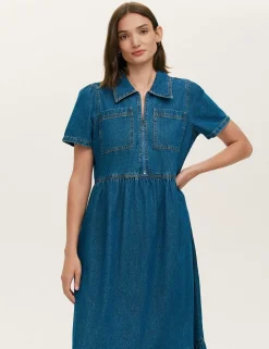 Pure Cotton Denim Midi Shirt Dress