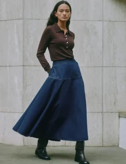 Pure Cotton Denim Midi Skirt