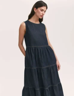 Pure Cotton Denim Midi Tiered Dress