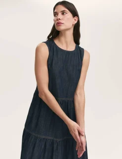 Pure Cotton Denim Midi Tiered Dress