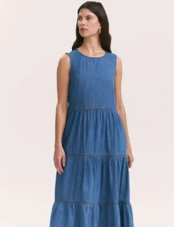 Pure Cotton Denim Midi Tiered Dress