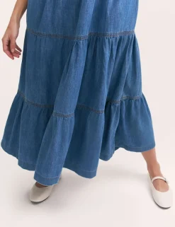 Pure Cotton Denim Midi Tiered Dress