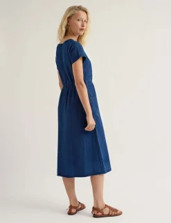 Pure Cotton Denim Midi Waisted Dress