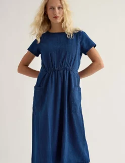 Pure Cotton Denim Midi Waisted Dress
