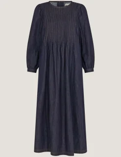 Pure Cotton Denim Pintuck Midi Smock Dress