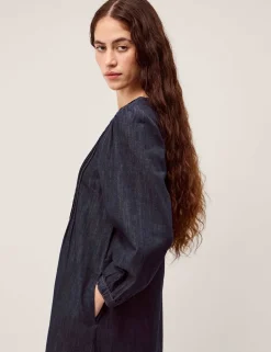 Pure Cotton Denim Pintuck Midi Smock Dress