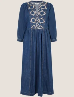 Pure Cotton Denim V-Neck Midi Waisted Dress