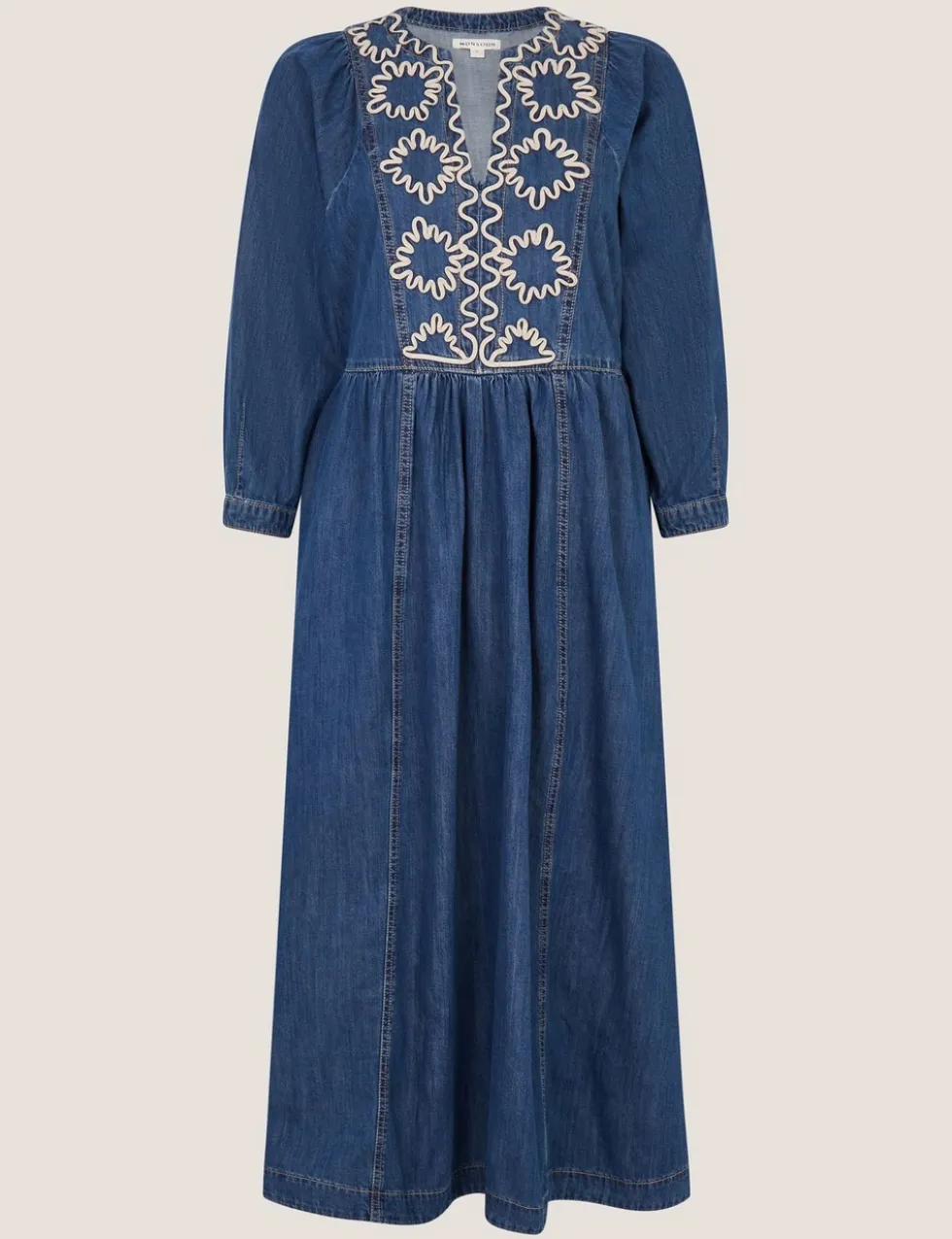 Pure Cotton Denim V-Neck Midi Waisted Dress