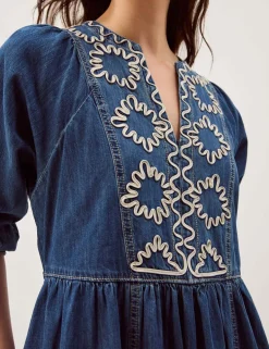 Pure Cotton Denim V-Neck Midi Waisted Dress