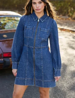 Pure Cotton Denim Zip Up Mini Waisted Dress