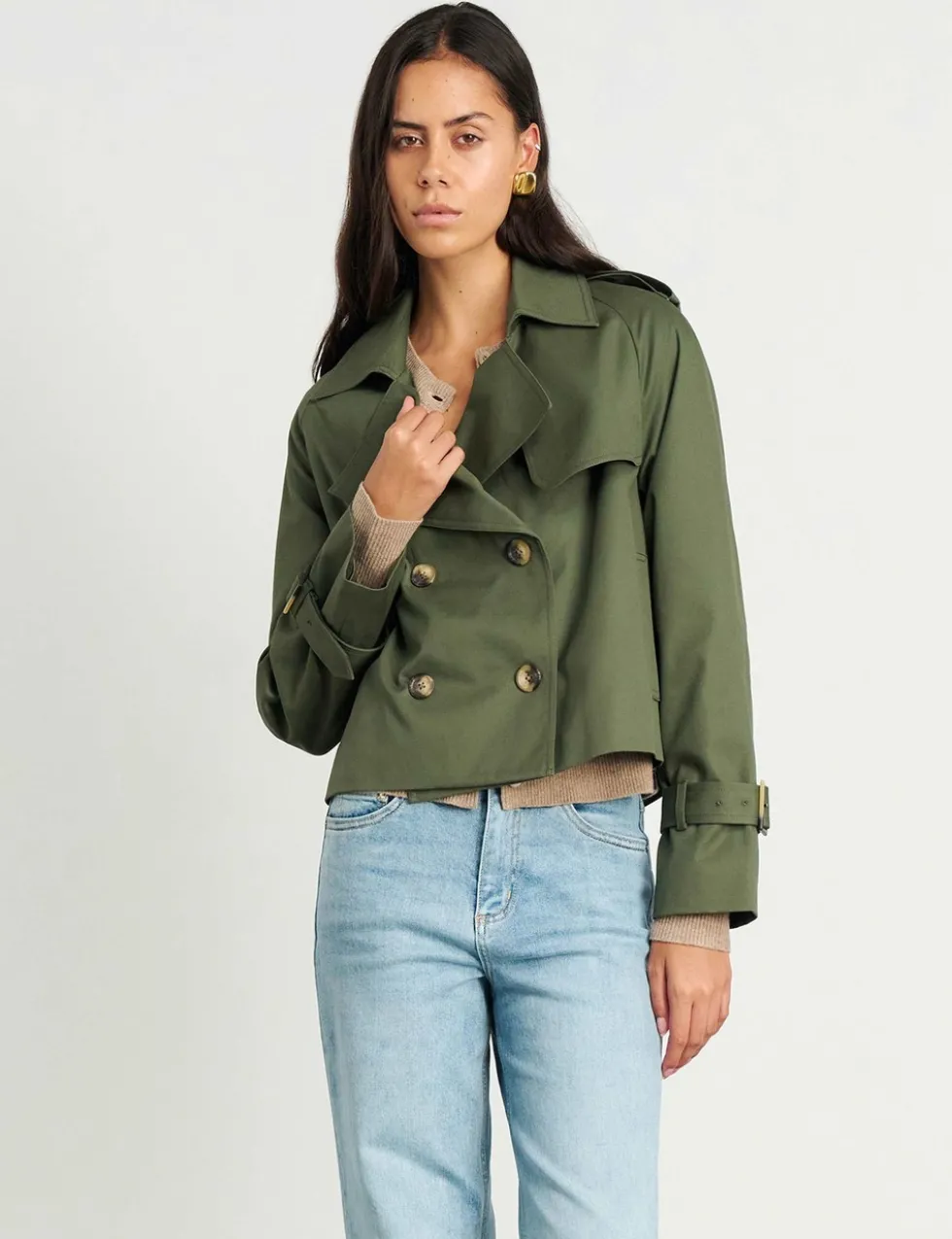 Pure Cotton Double Breasted Cropped Trench Coat
