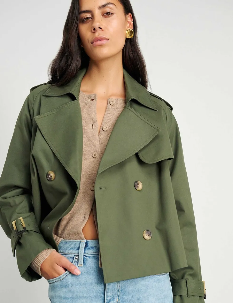 Pure Cotton Double Breasted Cropped Trench Coat