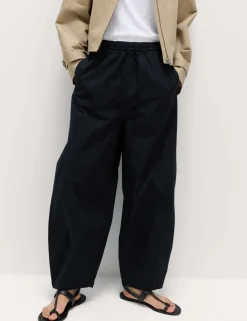Pure Cotton Drawstring Barrel Leg Ankle Grazer Trousers