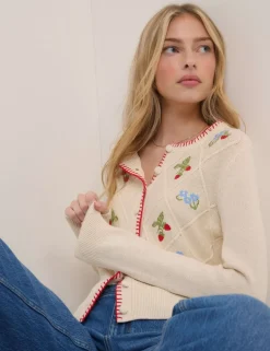 Pure Cotton Embroidered Button Front Cardigan