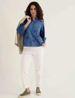 Pure Cotton Embroidered Blouson Sleeve Blouse