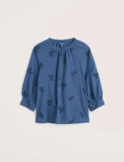 Pure Cotton Embroidered Blouson Sleeve Blouse