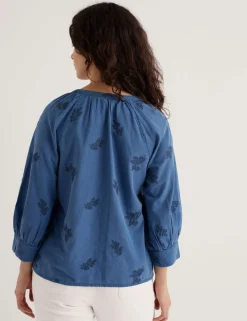Pure Cotton Embroidered Blouson Sleeve Blouse