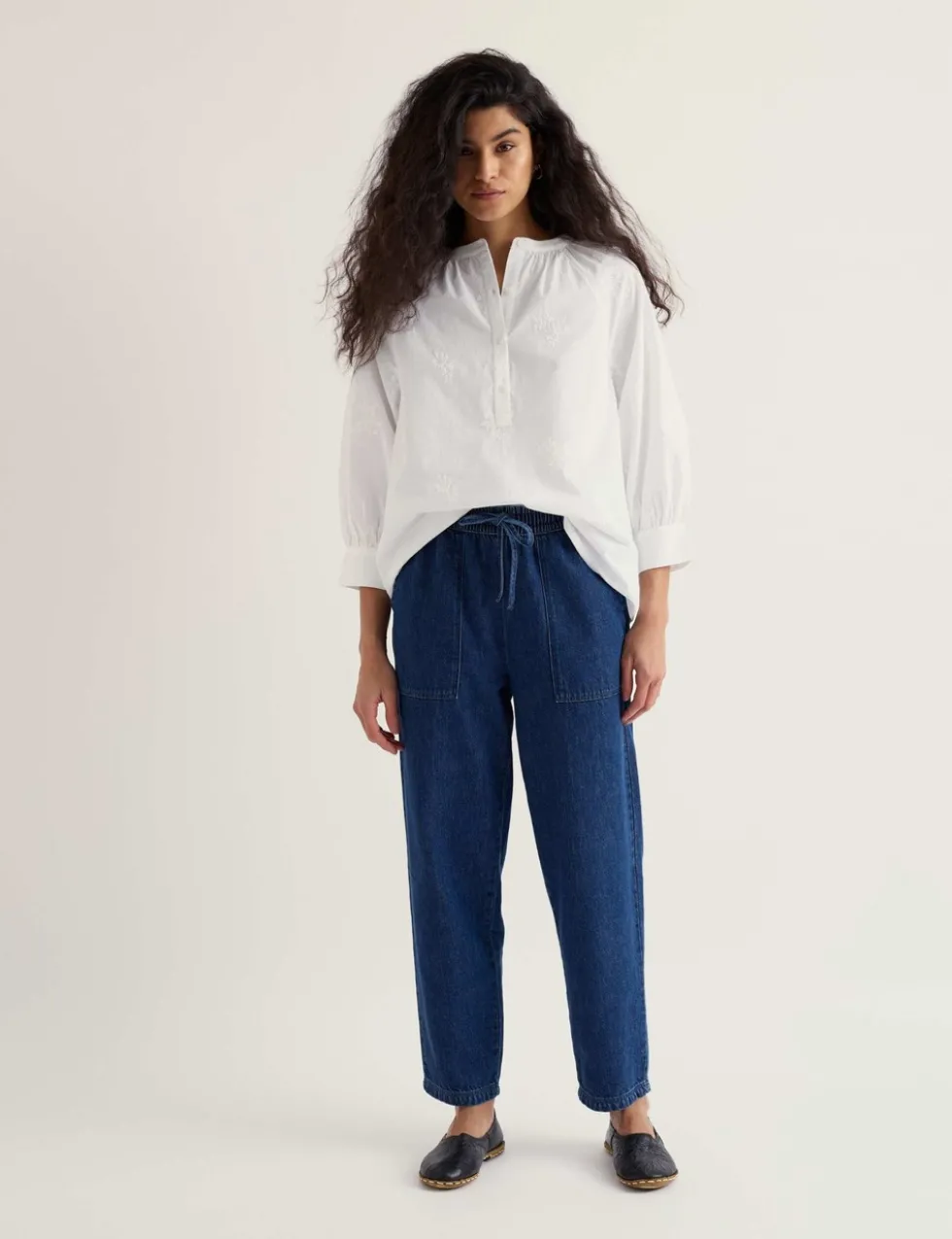 Pure Cotton Embroidered Blouson Sleeve Blouse