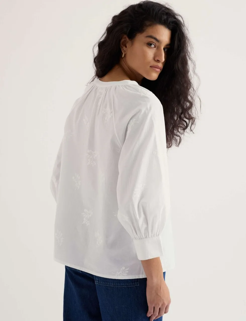 Pure Cotton Embroidered Blouson Sleeve Blouse
