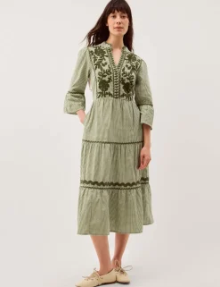 Pure Cotton Embroidered Gingham Tiered Dress