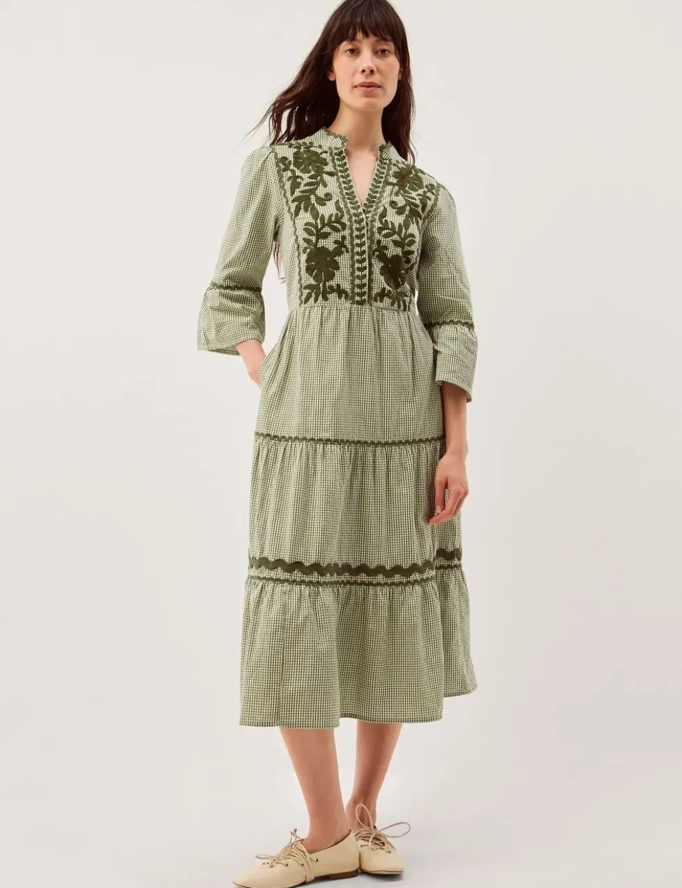 Pure Cotton Embroidered Gingham Tiered Dress
