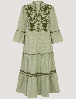 Pure Cotton Embroidered Gingham Tiered Dress