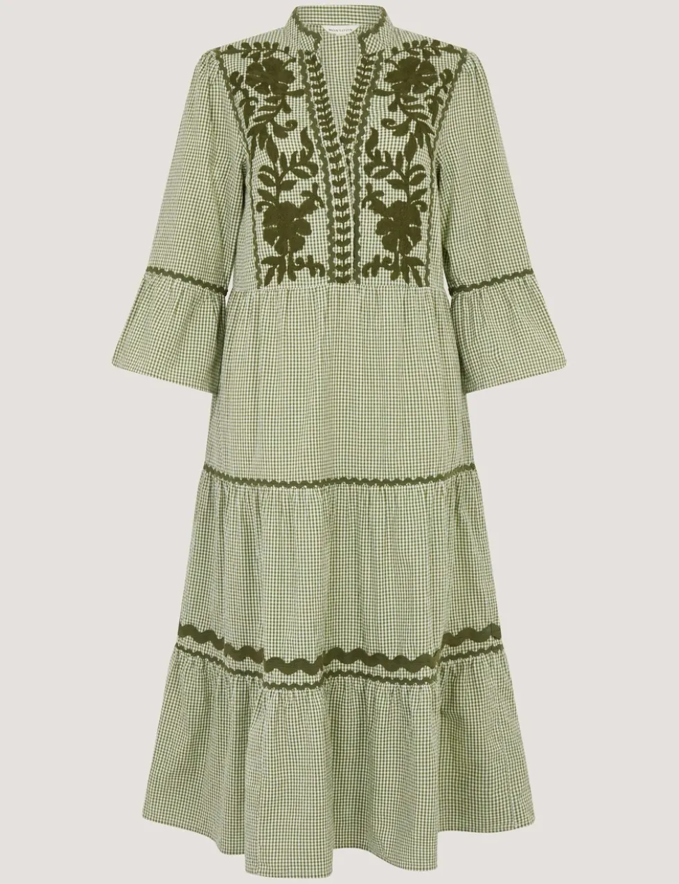 Pure Cotton Embroidered Gingham Tiered Dress