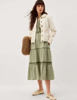 Pure Cotton Embroidered Gingham Tiered Dress
