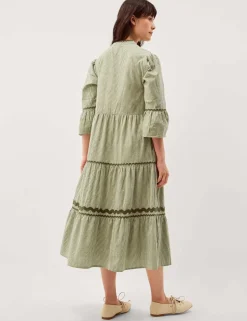 Pure Cotton Embroidered Gingham Tiered Dress