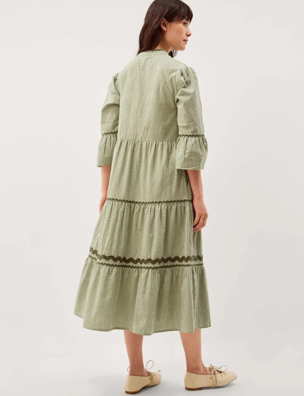 Pure Cotton Embroidered Gingham Tiered Dress
