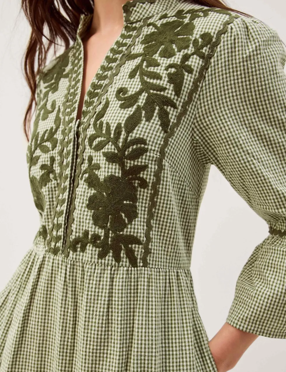 Pure Cotton Embroidered Gingham Tiered Dress