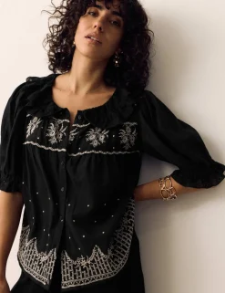 Pure Cotton Embroidered Lace Collar Blouse