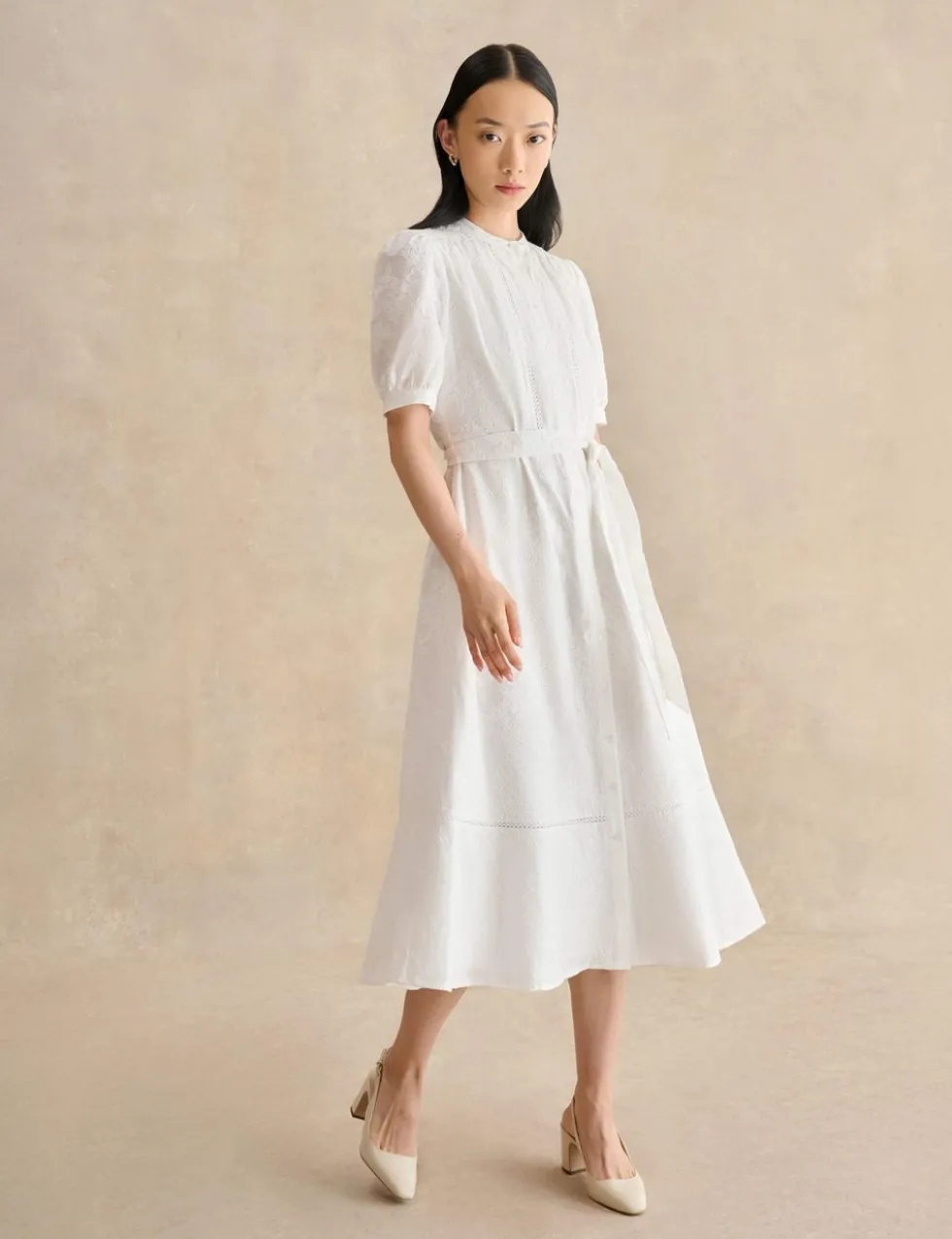 Pure Cotton Embroidered Midi Waisted Dress