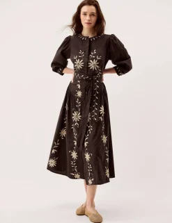 Pure Cotton Embroidered Maxi Shirt Dress