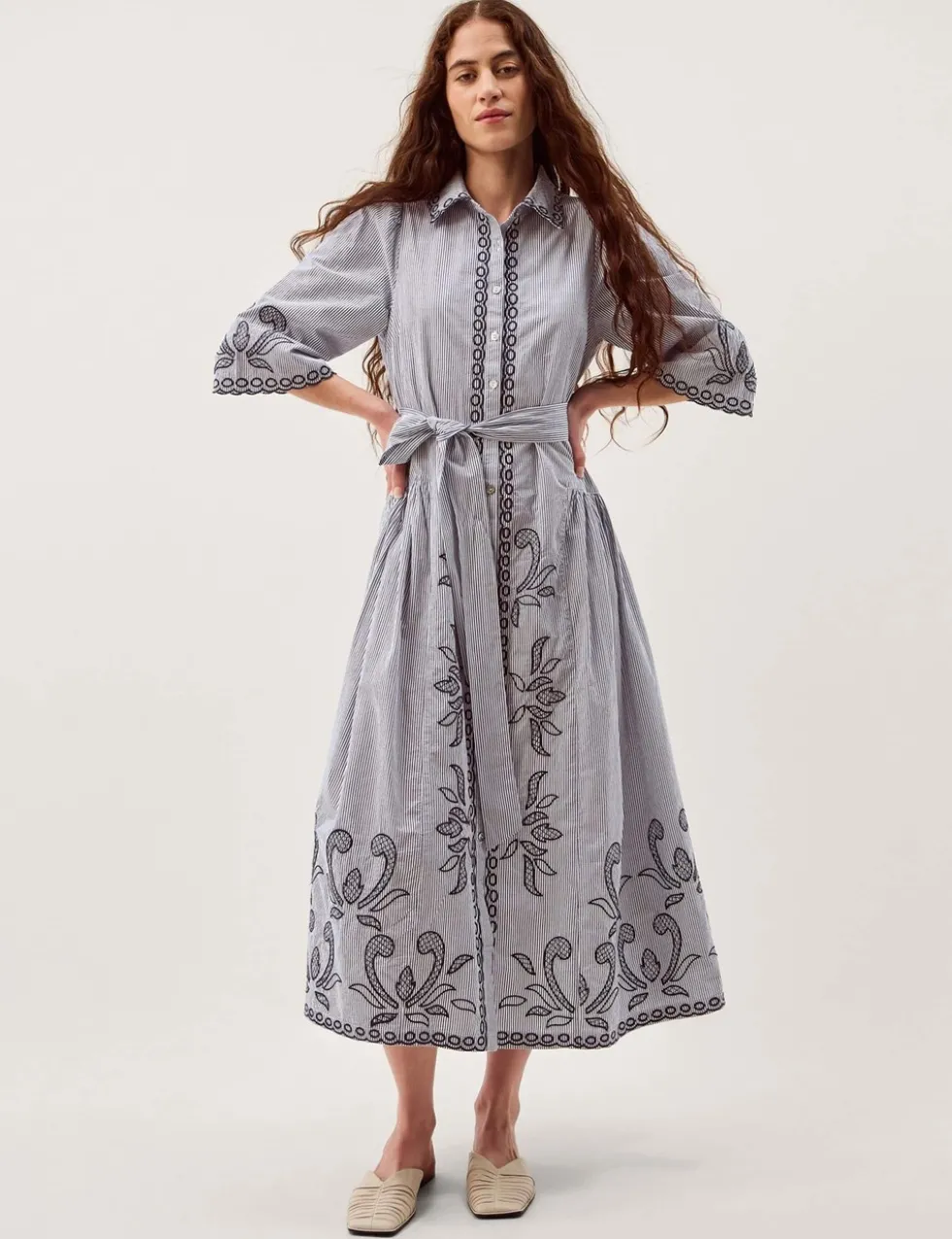 Pure Cotton Embroidered Midi Shirt Dress