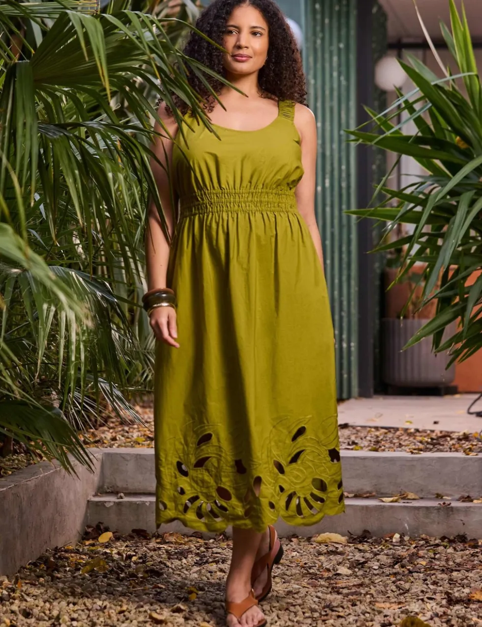 Pure Cotton Embroidered Midi Waisted Dress