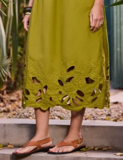 Pure Cotton Embroidered Midi Waisted Dress