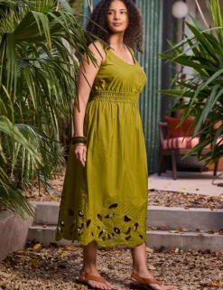 Pure Cotton Embroidered Midi Waisted Dress