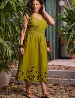 Pure Cotton Embroidered Midi Waisted Dress
