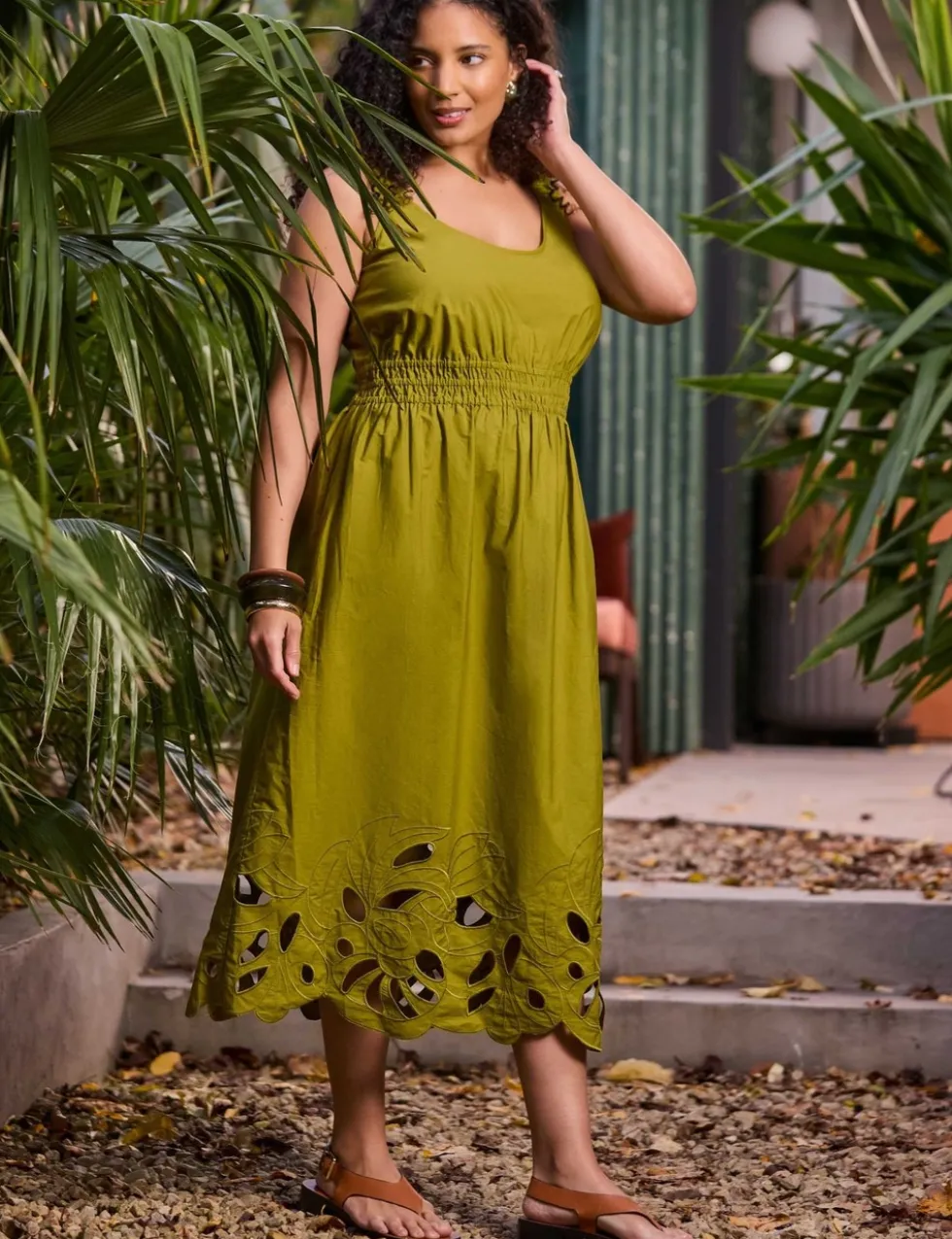 Pure Cotton Embroidered Midi Waisted Dress
