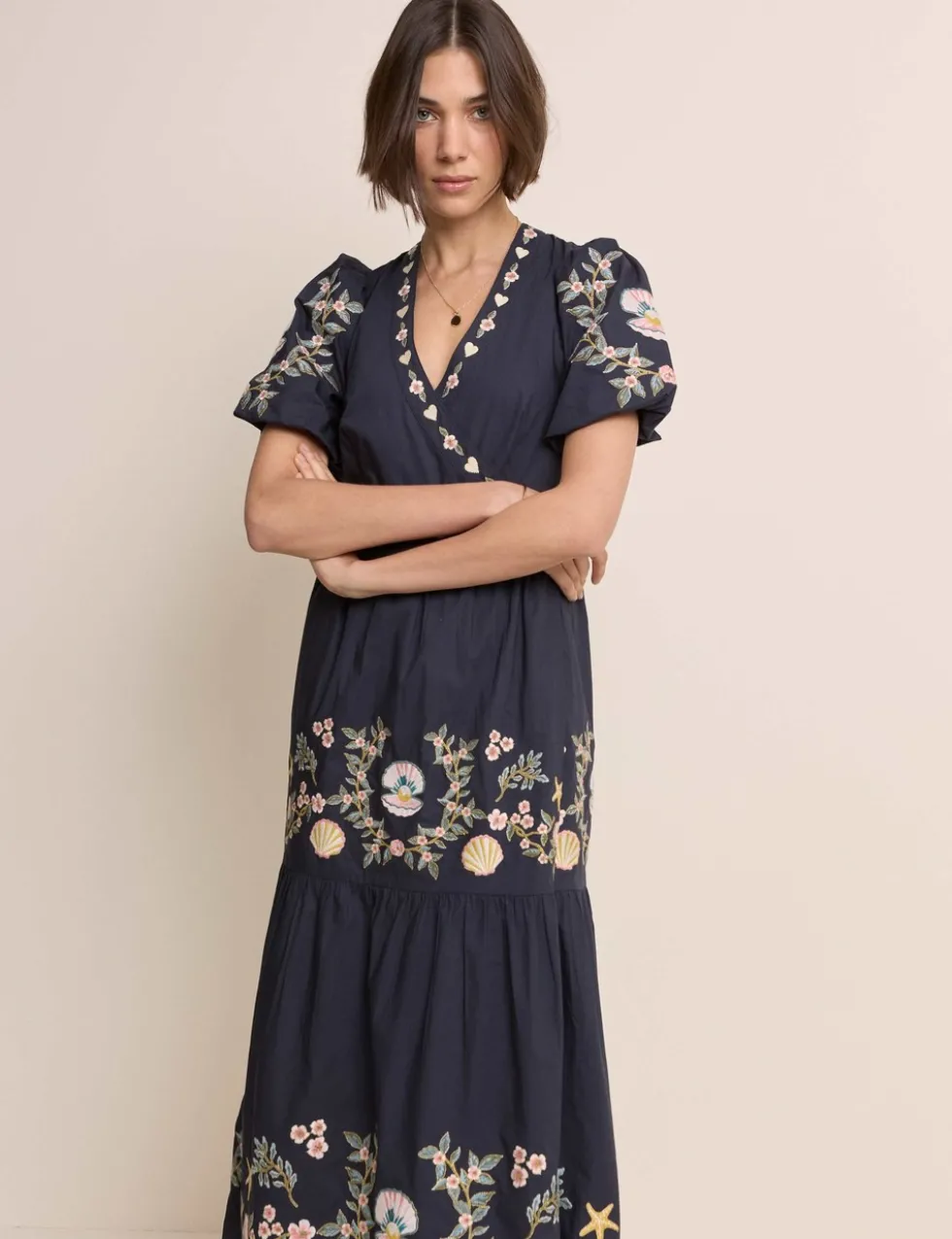 Pure Cotton Embroidered Midi Tiered Dress