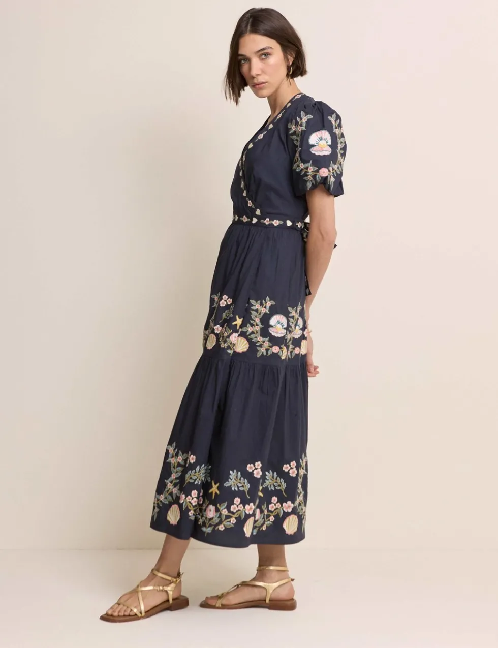 Pure Cotton Embroidered Midi Tiered Dress