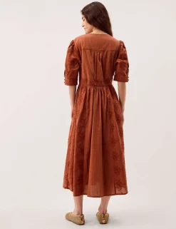Pure Cotton Embroidered Midi Waisted Dress