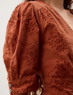 Pure Cotton Embroidered Midi Waisted Dress