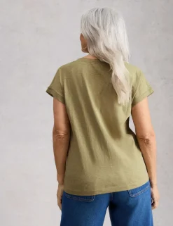 Pure Cotton Embroidered Notch Neck T-Shirt
