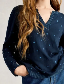 Pure Cotton Embroidered Notch Neck Top