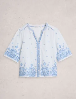 Pure Cotton Embroidered Notch Neck Top