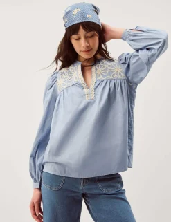 Pure Cotton Embroidered Notch Neck Top