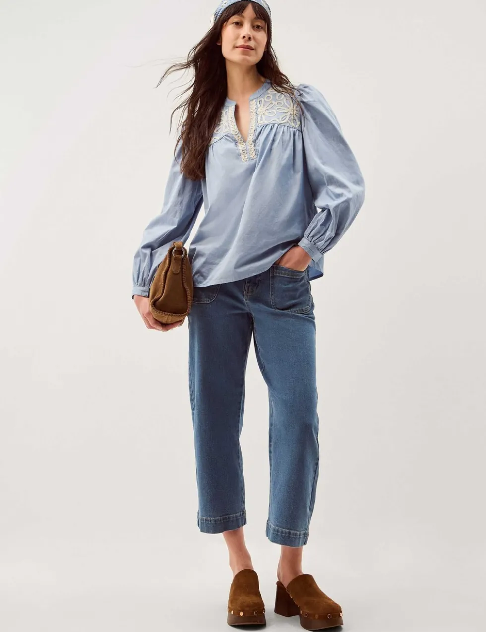 Pure Cotton Embroidered Notch Neck Top