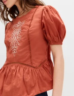 Pure Cotton Embroidered Puff Sleeve Blouse